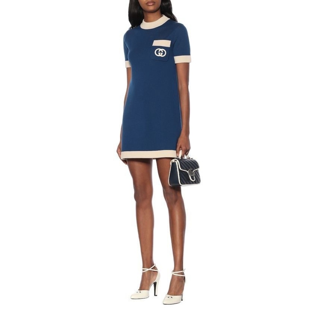 Gucci blue/ cream wool interlocking GG mini dress, size small!
